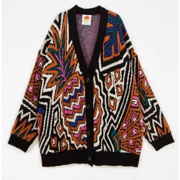 💕FARM RIO💕 Caramel Tropical Stripes Cardigan ~ Tropical Stripes Print XL NWT - Picture 7 of 16